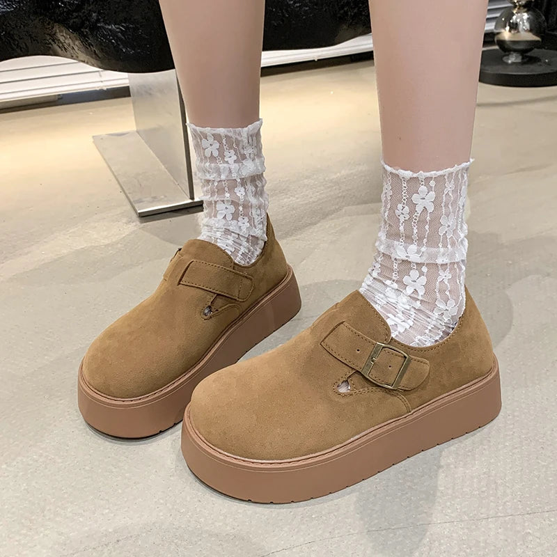 Women's Platform Suede Loafers with Buckle Strap