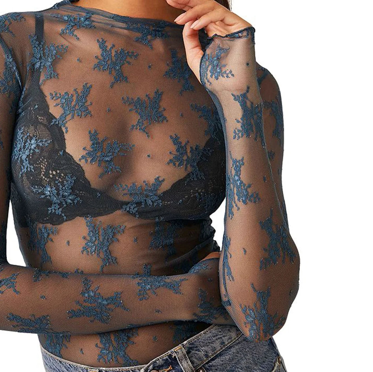 Sheer Mesh Floral Top Women Long Sleeve Crew Neck Slim Fit Pullover