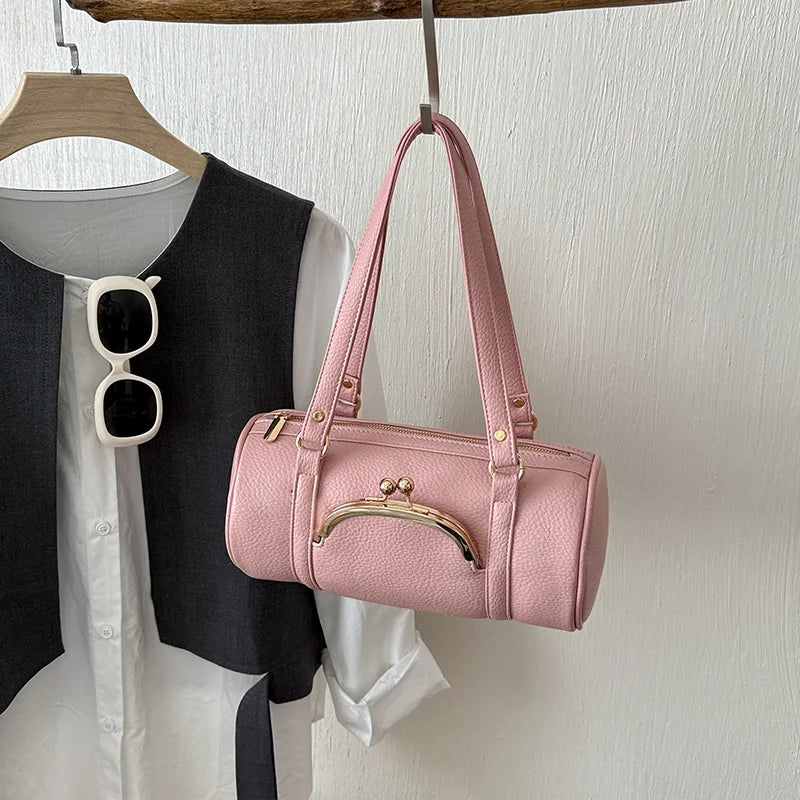 Vintage Cylinder Shoulder Bag With Kiss-lock Closure Soft Leather