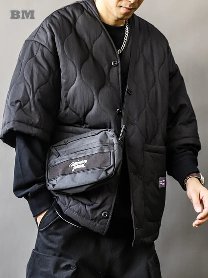 Quilted Padded V-Neck Jacket Men Short Sleeve Harajuku Streetwear