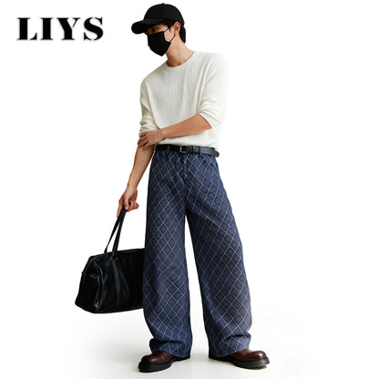 Rhombic Jacquard Baggy Wide Leg Jeans – Korean Retro Blue