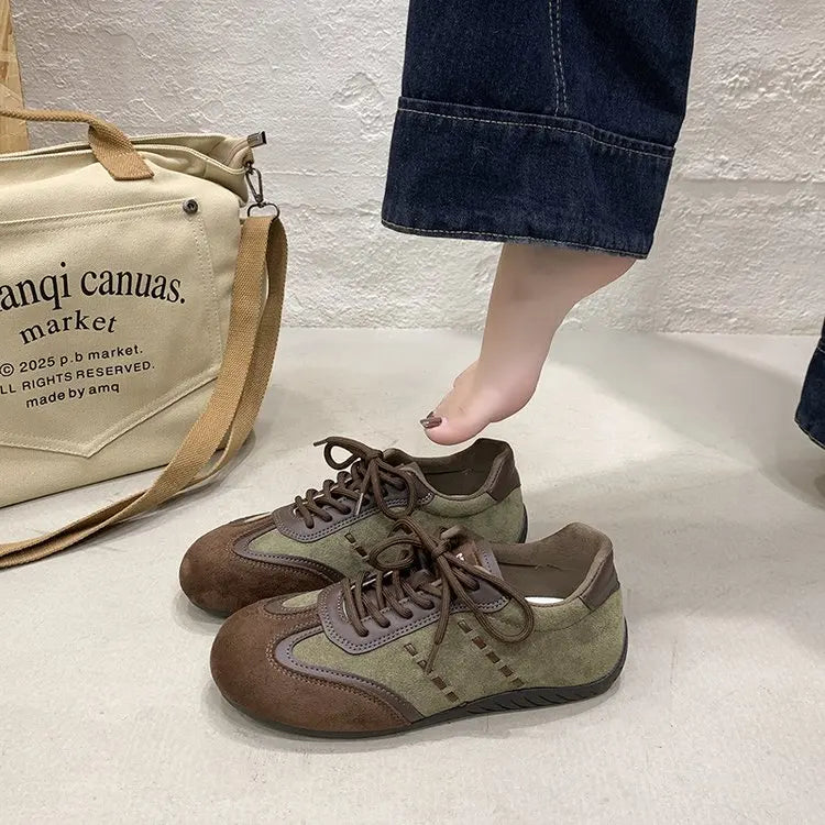 Retro Color-Block Lace-Up Sneakers for Women – Flat Casual Sport Shoes