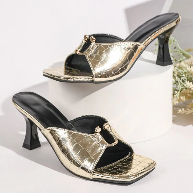 Metallic Croc Stiletto Heel Mule Sandals for Women
