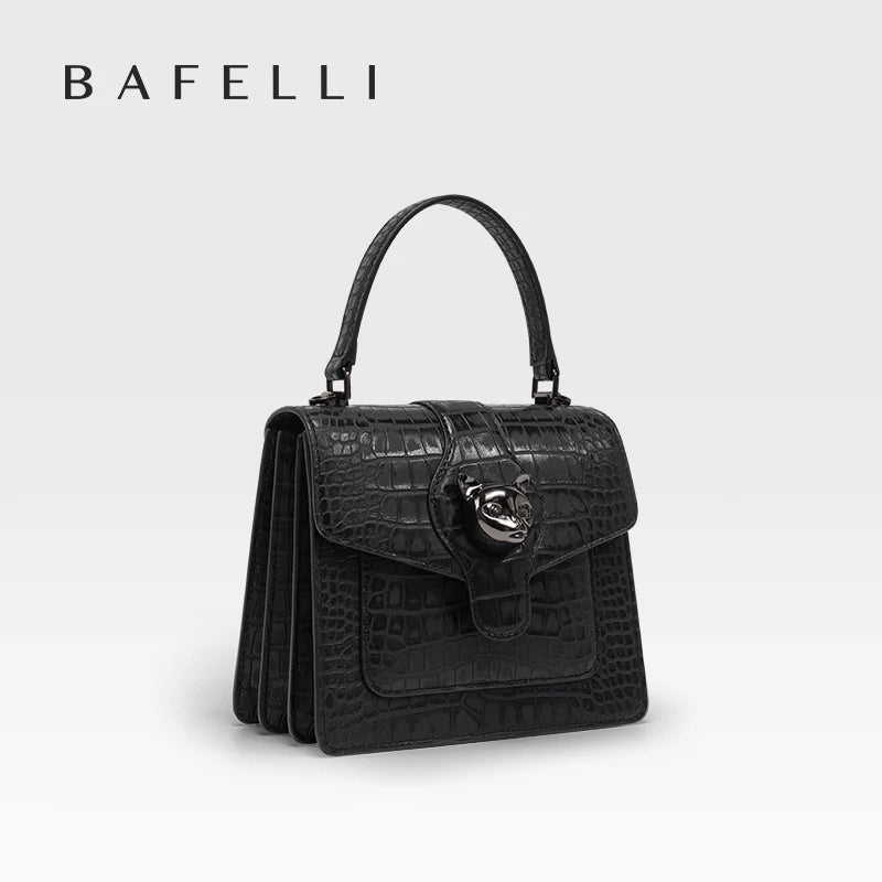 Leather Crossbody Bag – Croc-Embossed Top Handle with Cat Clasp