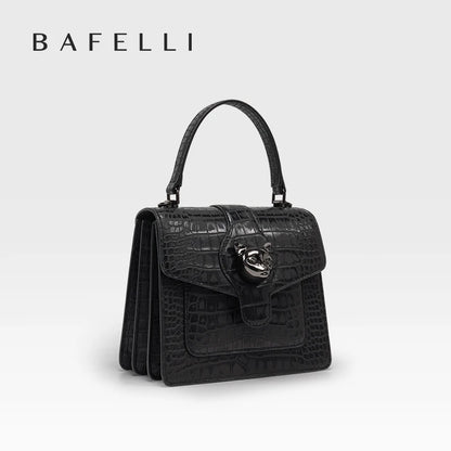 Leather Crossbody Bag – Croc-Embossed Top Handle with Cat Clasp