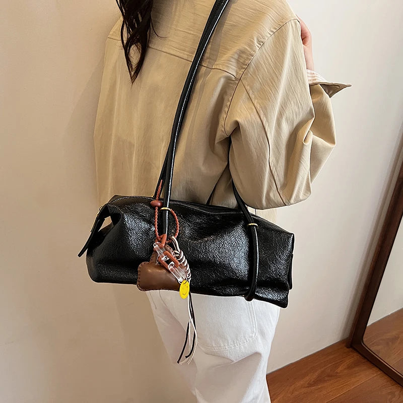 Women's Crinkled Faux Leather Cylinder Shoulder Bag
