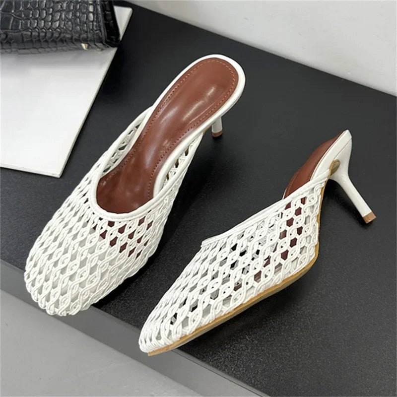 Eilyken Mesh Weave Mule Heels – Women's Hollow Out Stiletto Slippers