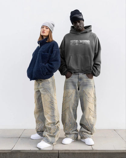 Raw Edge Patchwork Baggy Jeans – Unisex Y2K Hip Hop Streetwear