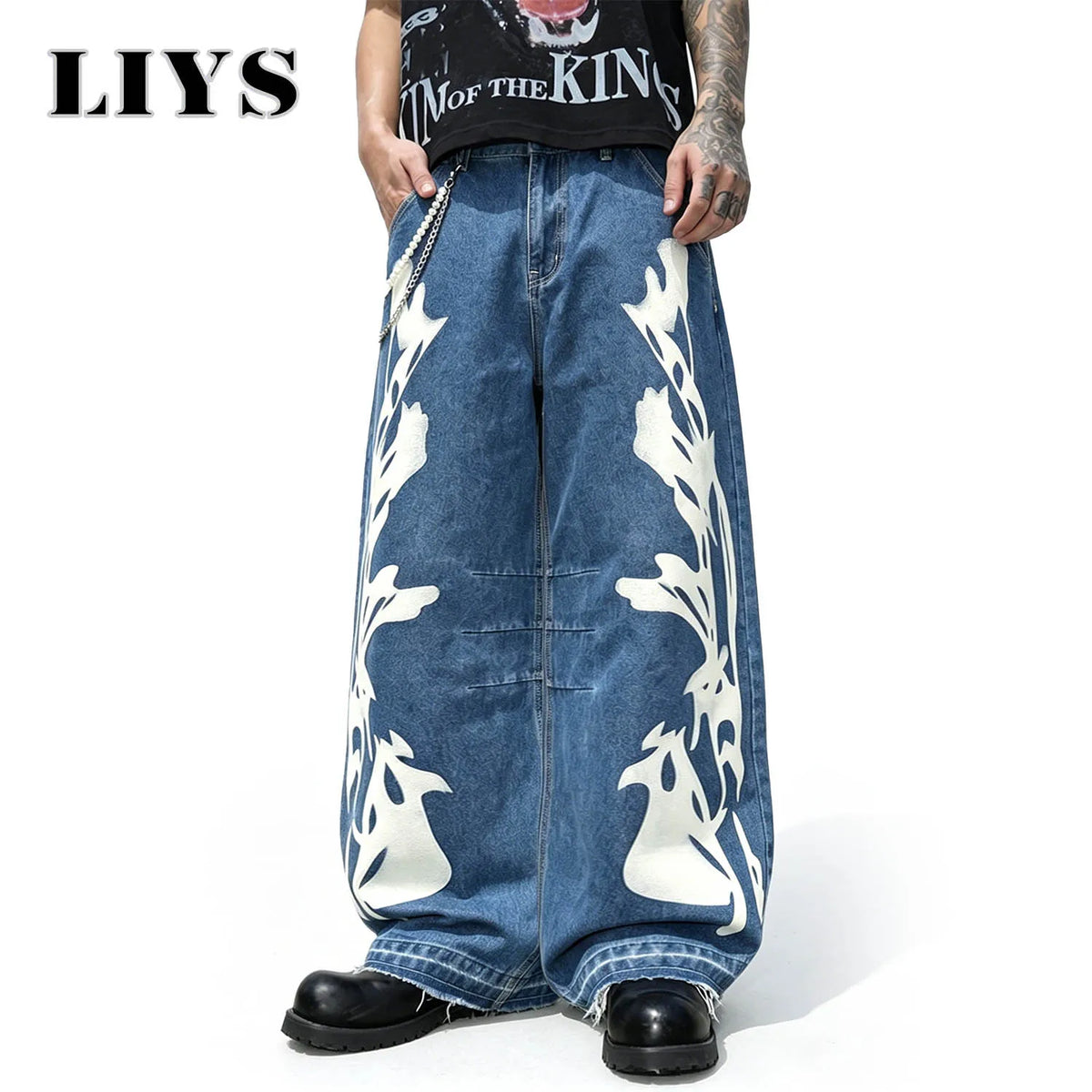 Men's Flame Print Wide Leg Jeans – Retro Streetwear Denim