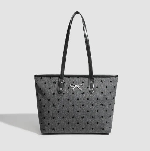 Sweet Cool Black Tote Bag Women College Style Trendy Bow Print