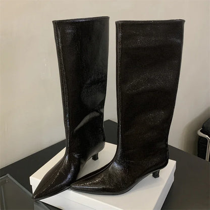 Women's Knee-High Boots – Pointed Toe Kitten Heel Dark Red