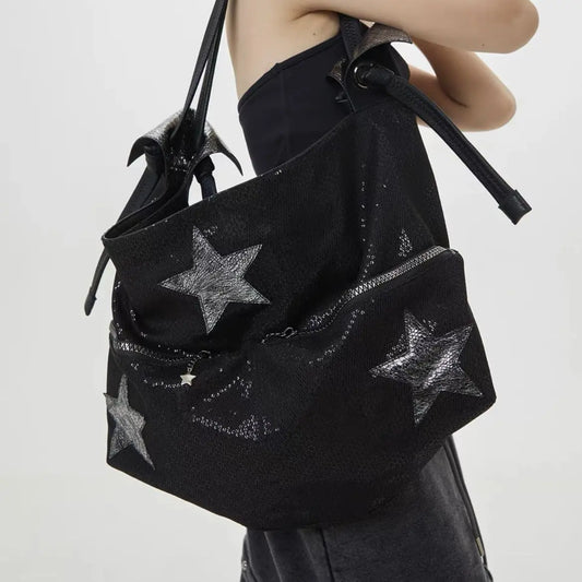 Star Black Large Capacity Tote Bag Women Hot Girls Beading Y2k Shoulder