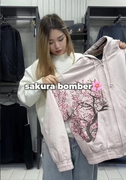 Harajuku Cherry Blossom Zipper Hoodie Jacket – Women's Street Style