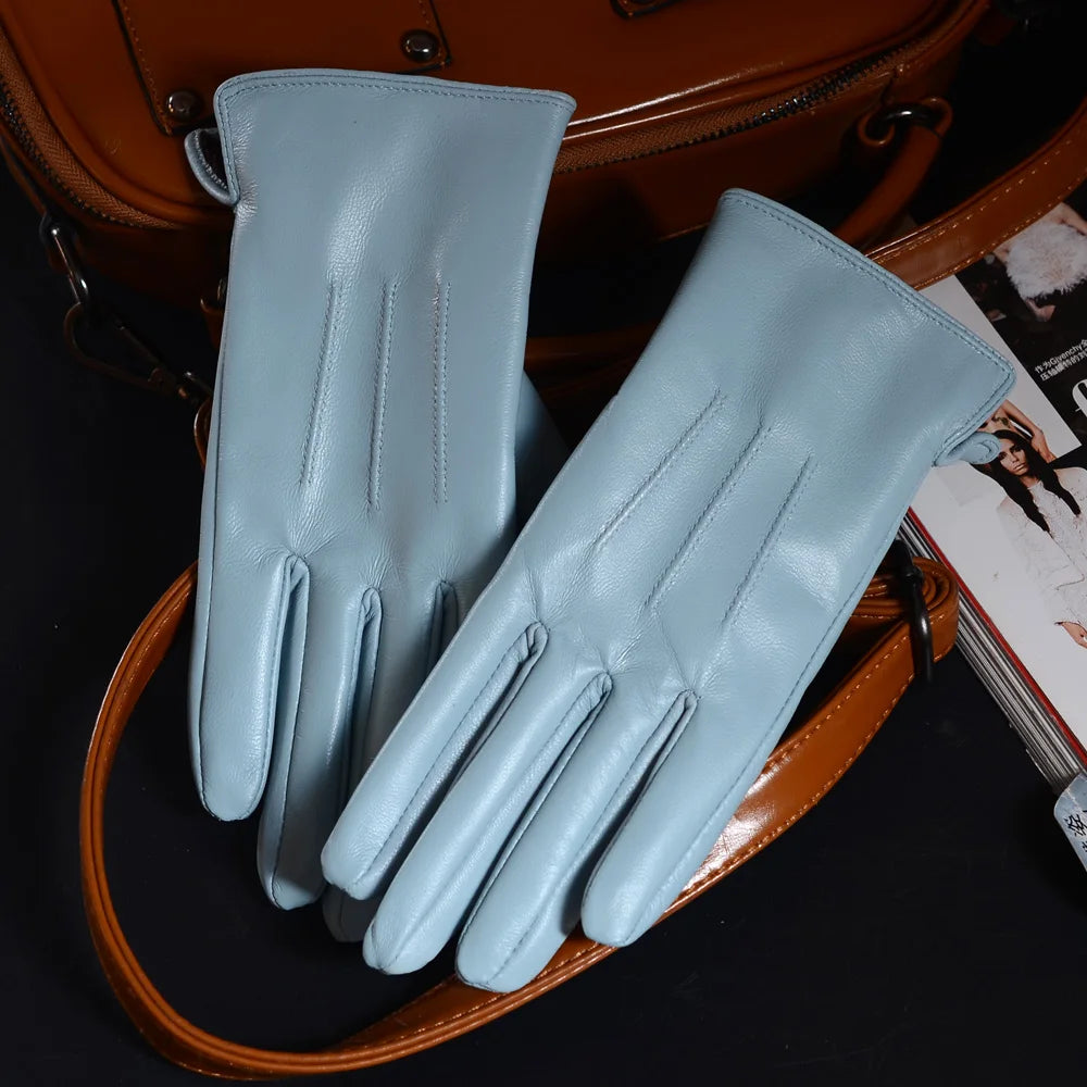 Women's Sheepskin Leather Winter Gloves with Thick Lining