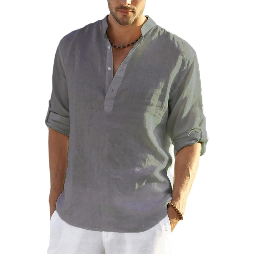 Men's Cotton Linen Long Sleeve Shirt – Casual Loose V-Neck Top S-3XL