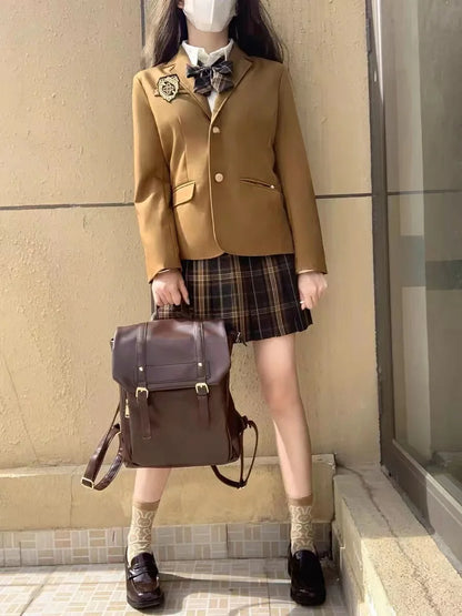 Vintage Brown Backpacks Women High Street Preppy Style Pu Leather