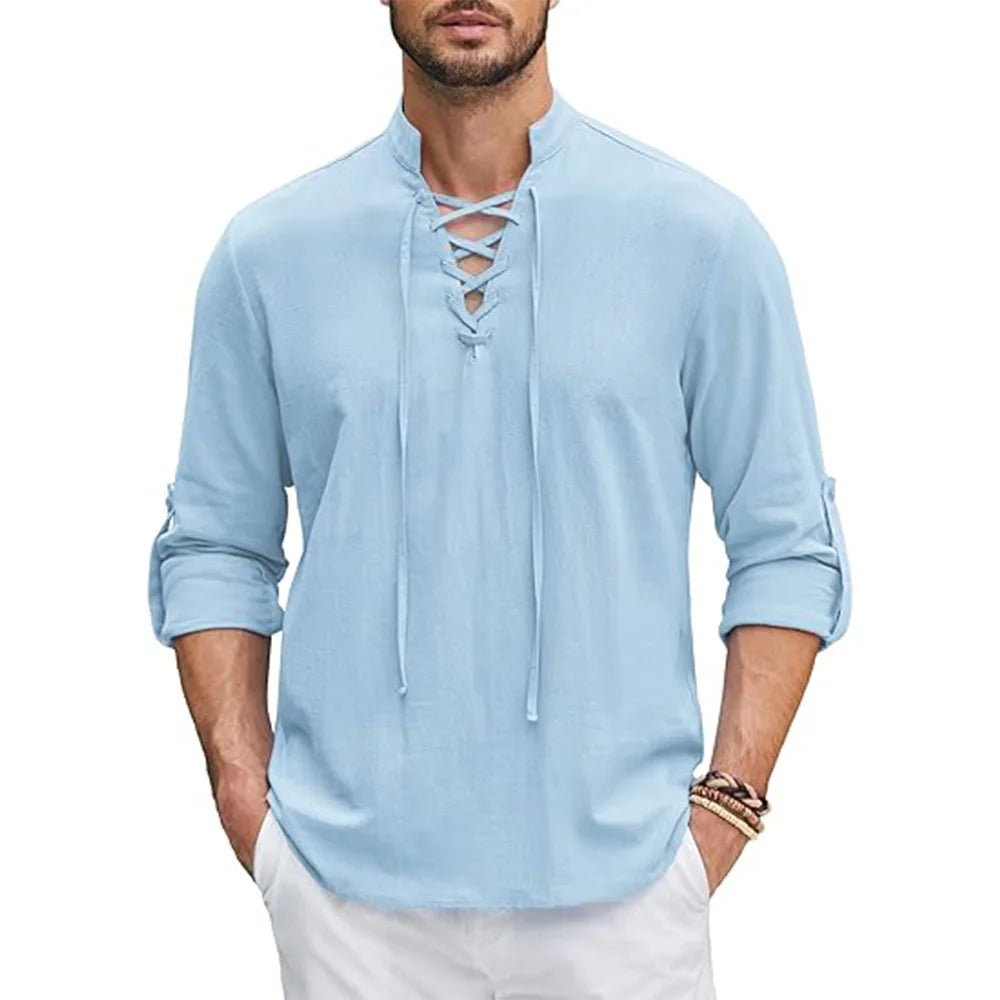Men's Medieval Linen Shirt Lace-Up Renaissance Pirate Viking Top