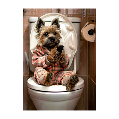 Funny Dog Bathroom Poster – Dog Reading Newspaper on Toilet Wall Art