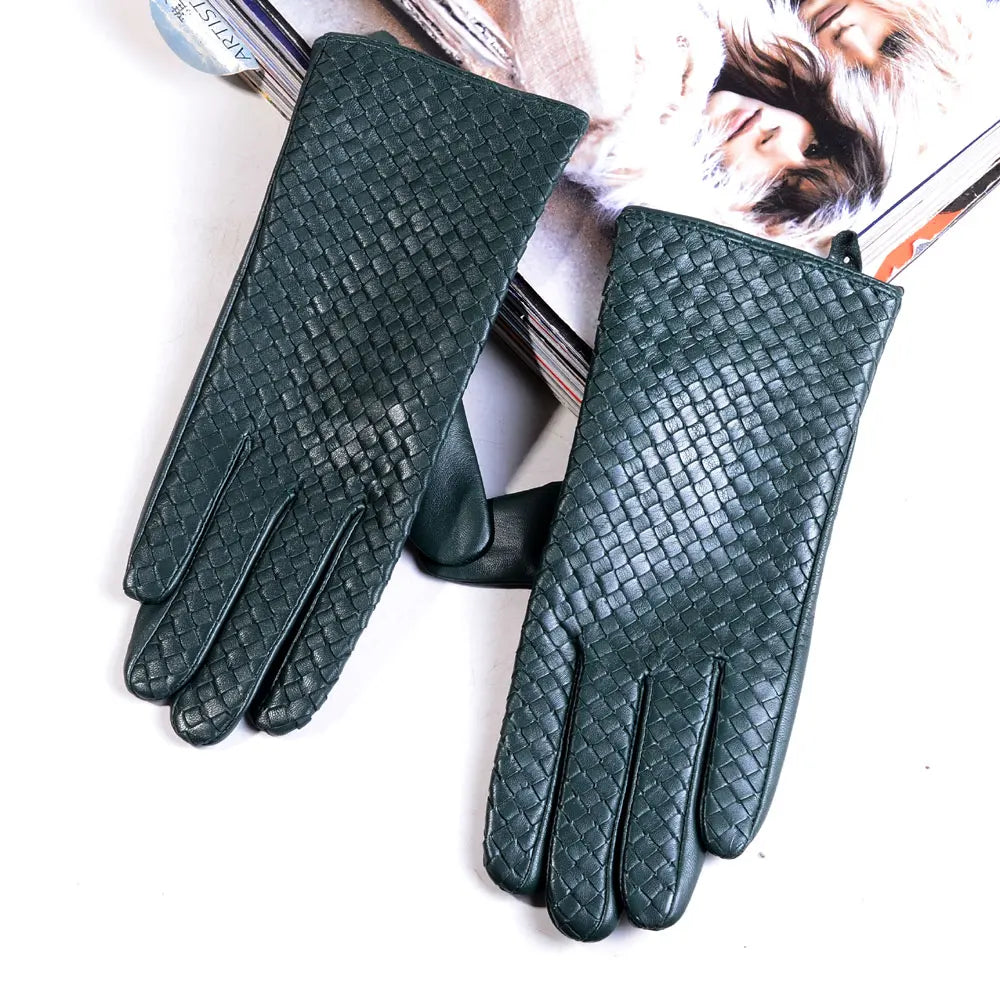 Women's Genuine Leather Gloves – Elegant Woven Design