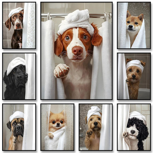 Cute Dog Bathroom Wall Art Poster – Funny Shower Print