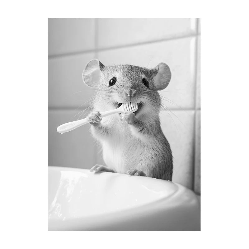 Funny Animal Bathroom Wall Art Poster – Black & White Vintage Print