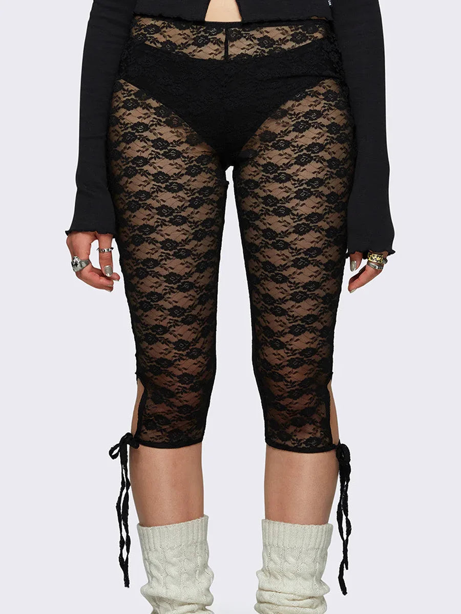 Lace Capri Pants for Women – See-Through Bandage Streetwear