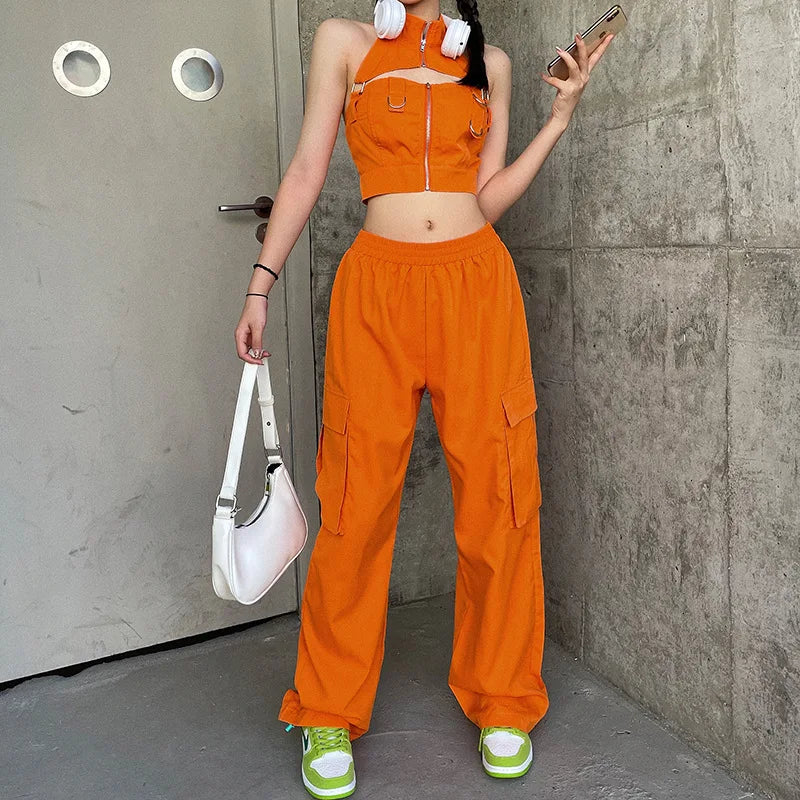 Women's Baggy Cargo Pants – Orange Straight-Leg Trousers
