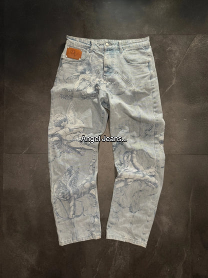 Baggy Flare Jeans with Dollar Sign Embroidery – Y2K Wide Leg Denim