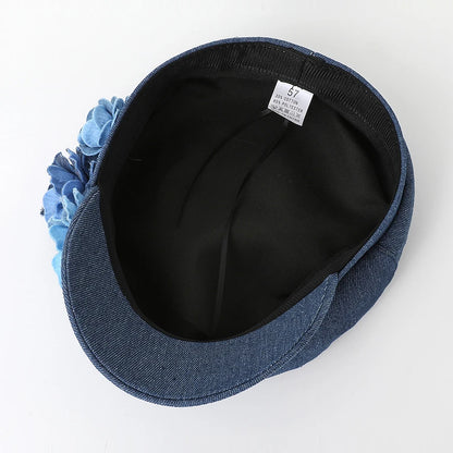 Women's Denim Military Cap with 3D Flower Detail