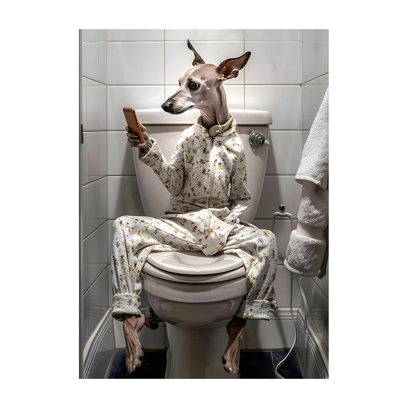 Funny Dog Bathroom Poster – Dog Reading Newspaper on Toilet Wall Art
