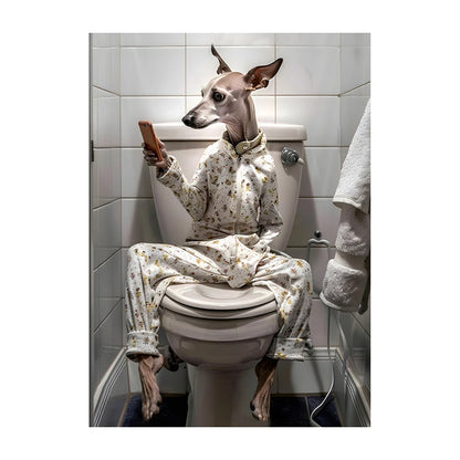 Funny Dog Bathroom Poster – Dog Reading Newspaper on Toilet Wall Art