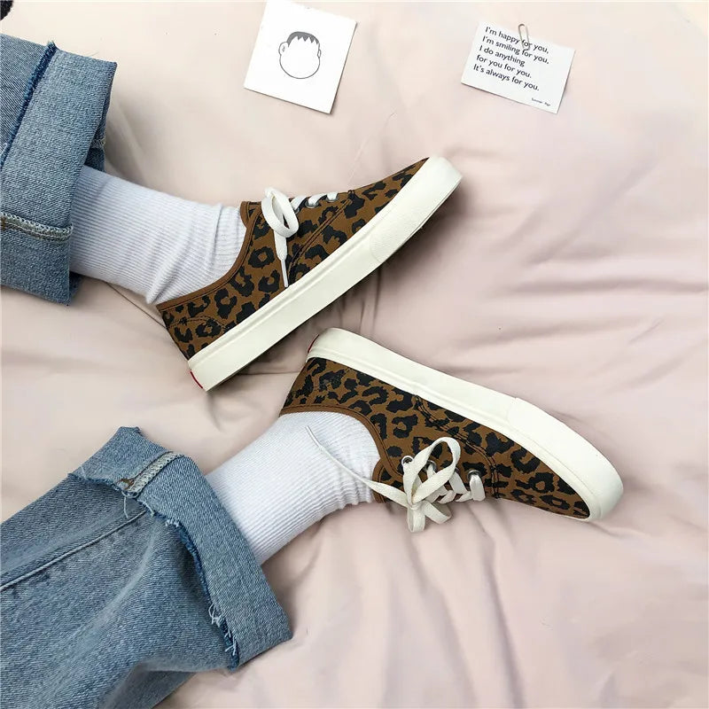 Leopard Print Canvas Sneakers – Women's Lace-Up Flats