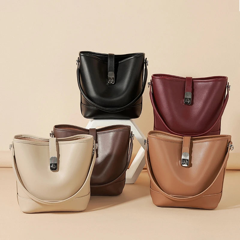 Genuine Leather Bucket Bag – Women's Crossbody Shoulder Handbag