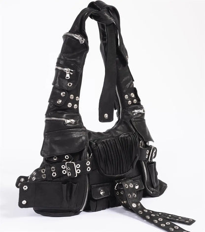 Leather Rivet Shoulder Bag – Edgy Patchwork Underarm Hobo Bag