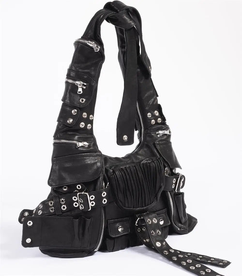 Leather Rivet Shoulder Bag – Edgy Patchwork Underarm Hobo Bag