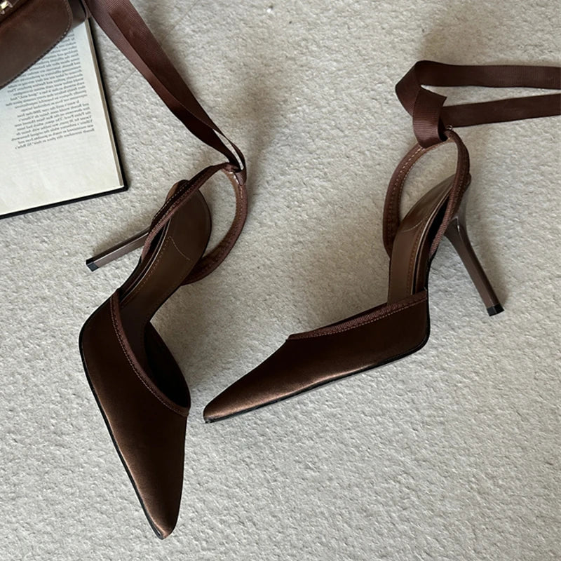 Stiletto Heel Ankle Strap Pumps – Pointed Toe Satin Heels