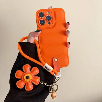 Quilted Puffer iPhone Case with Flower Wrist Strap – Candy Colors