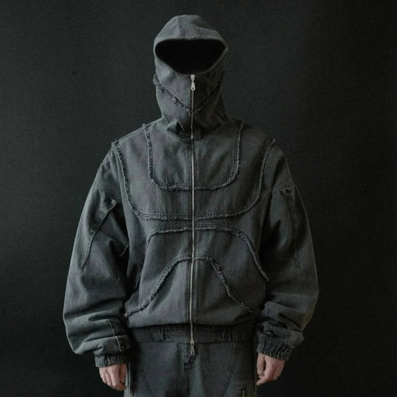 Mens Hoodie Harajuku American Street Streetwear Washed Distressed Zip Up Hooded Sweatshirt Loose Fit