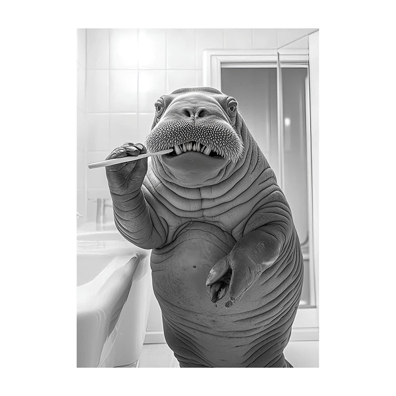 Funny Animal Bathroom Wall Art Poster – Black & White Vintage Print