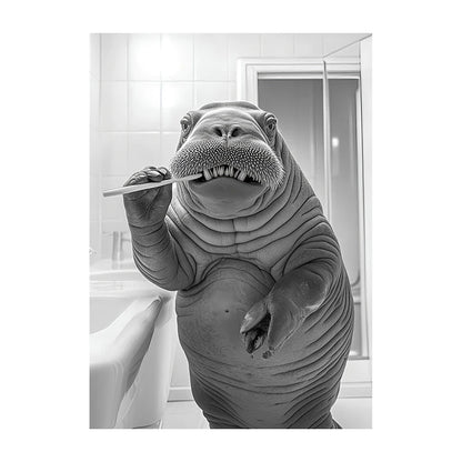 Funny Animal Bathroom Wall Art Poster – Black & White Vintage Print