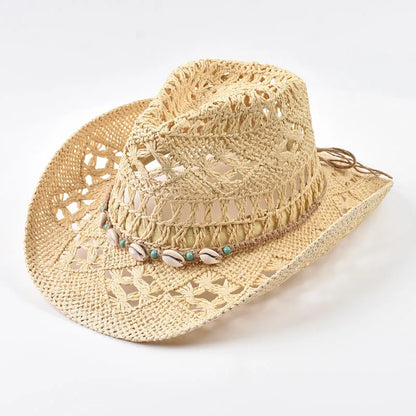 Wide Brim Straw Beach Hat with Shell Band
