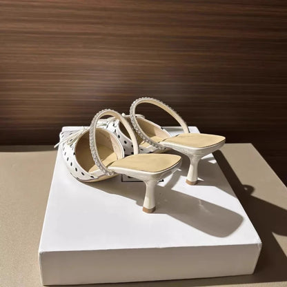 Polka Dot Pointed Toe Heeled Mule Slippers for Women