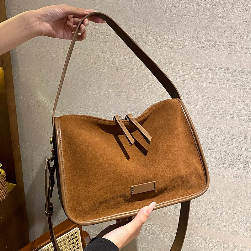 Suede Crossbody Bag for Women – Genuine Leather Retro Shoulder Bag