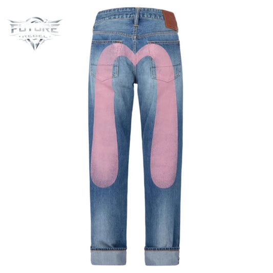 Mens Jeans Print Waist Straight Leg Denim Pants Harajuku Unisex Loose Fit Tapered Casual Streetwear