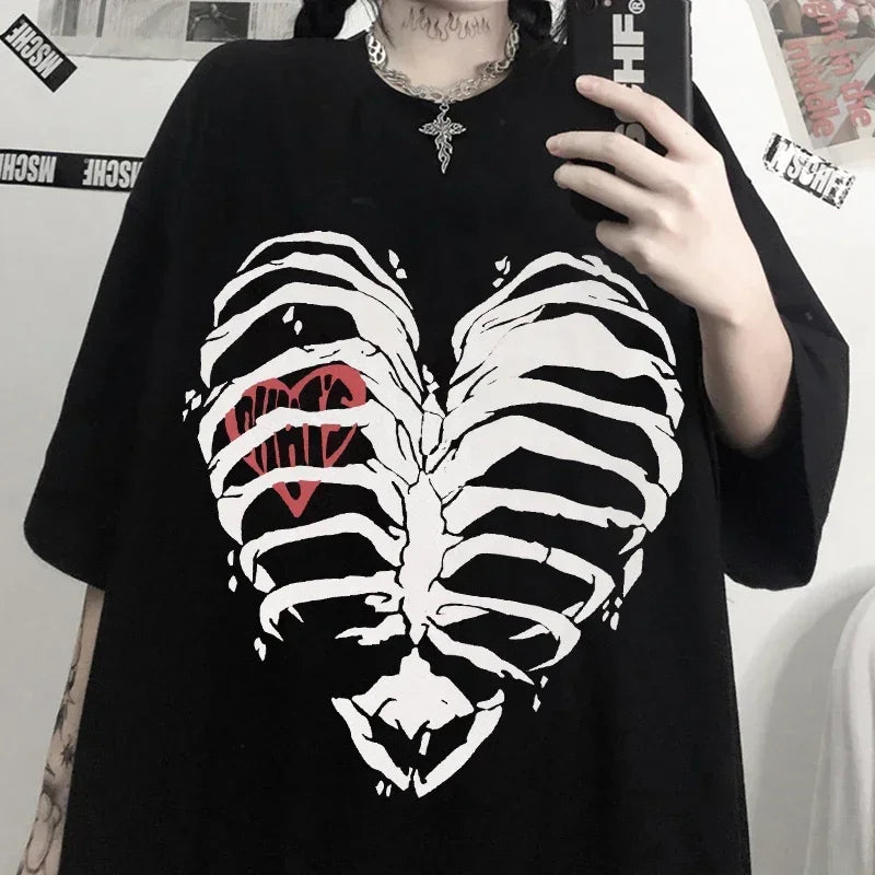 Skeleton Heart Graphic Tee Women Harajuku Y2K Punk Gothic Slim Fit