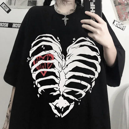 Skeleton Heart Graphic Tee Women Harajuku Y2K Punk Gothic Slim Fit