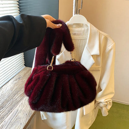 Fashion Pleated Cloud Bag Soft Faux Fur Handbag Popular Korean-style