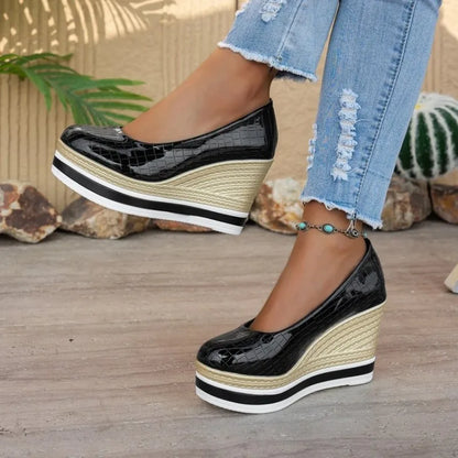 Round Toe Wedge Heels – Women's Patent Leather Pumps