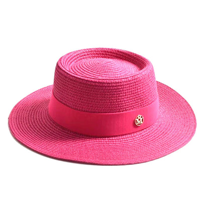 Women's Straw Sun Hat Flat Brim Ribbon Beach Hat