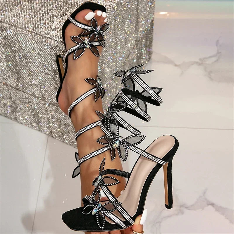 Eilyken Crystal Butterfly-Knot Stiletto Sandals – Peep Toe Ankle Strap Heels